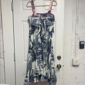 Juliet Dunn Navy and White Tropical Dress Hot Pink Outline Back Zip & Tie NWOT